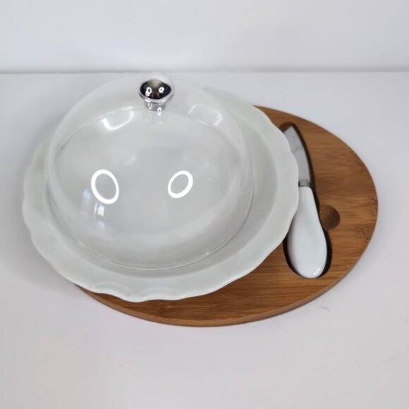Vintage Japan Ceramic Wood Platter Knife Cheese Charcuterie Serving Set - Picture 1 of 9